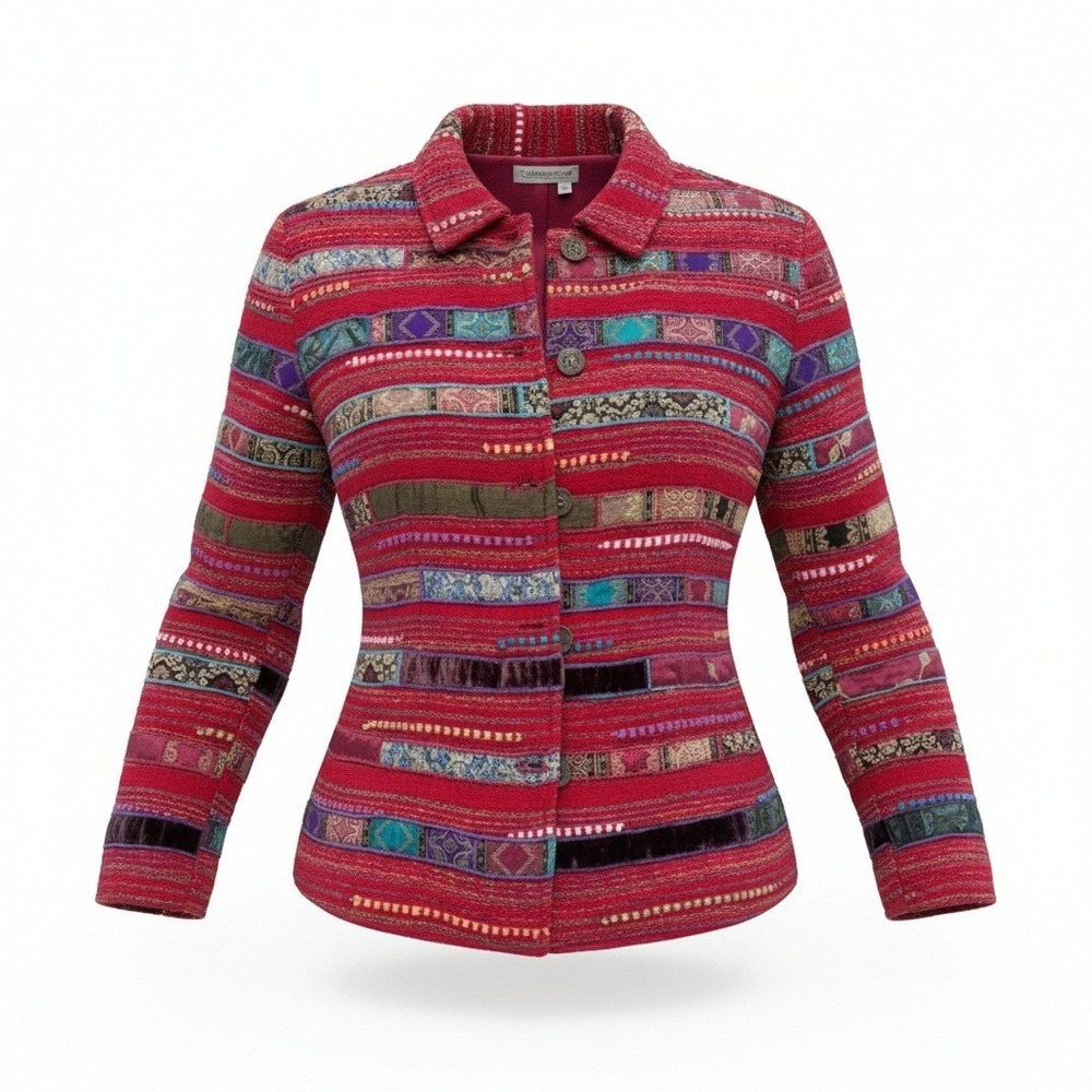 Coldwater Creek‎ Womens Jacket Red Striped Patchwork Blazer Button Down Size PM